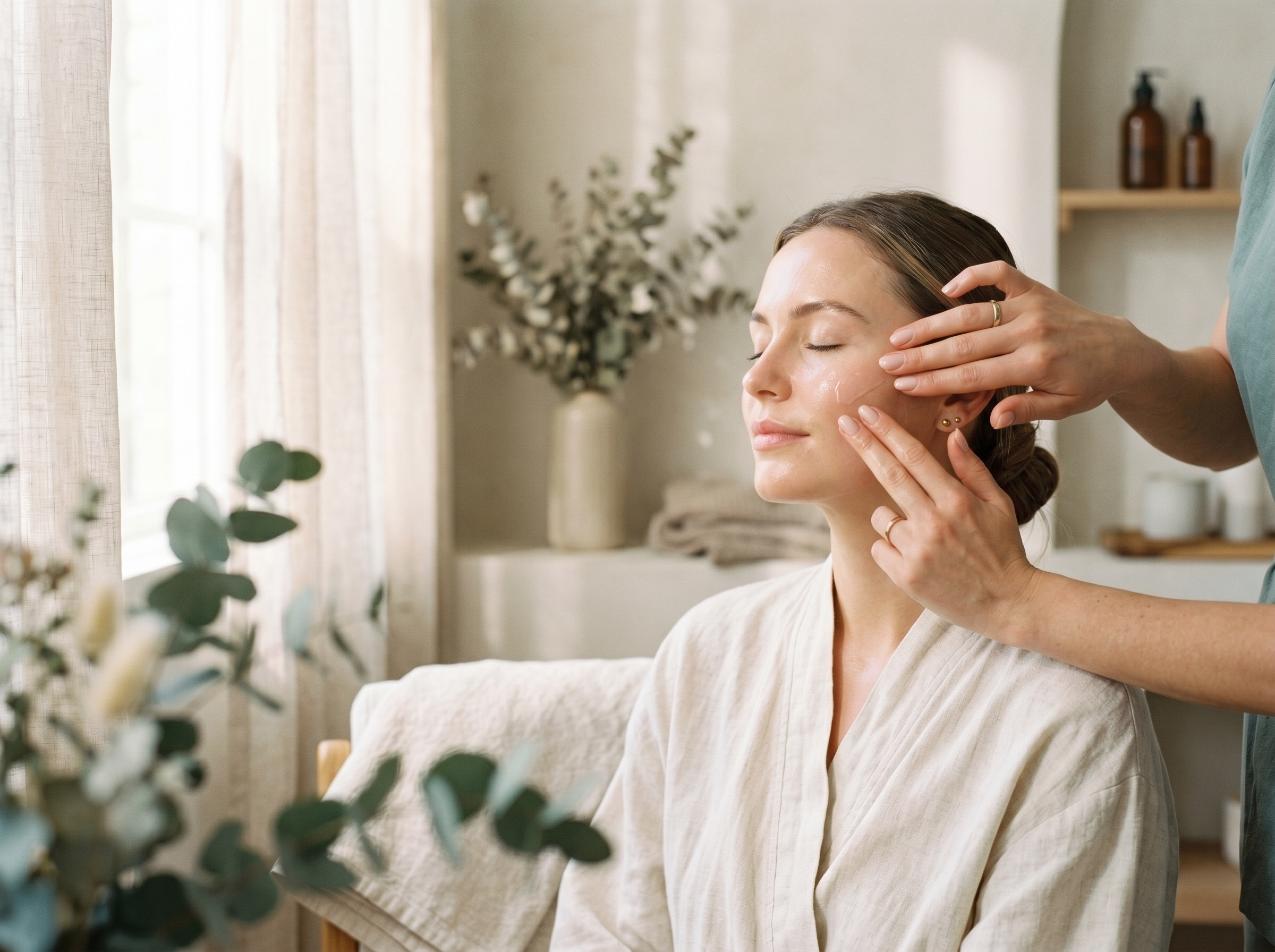 A calm facial skincare consultation in a light-filled room